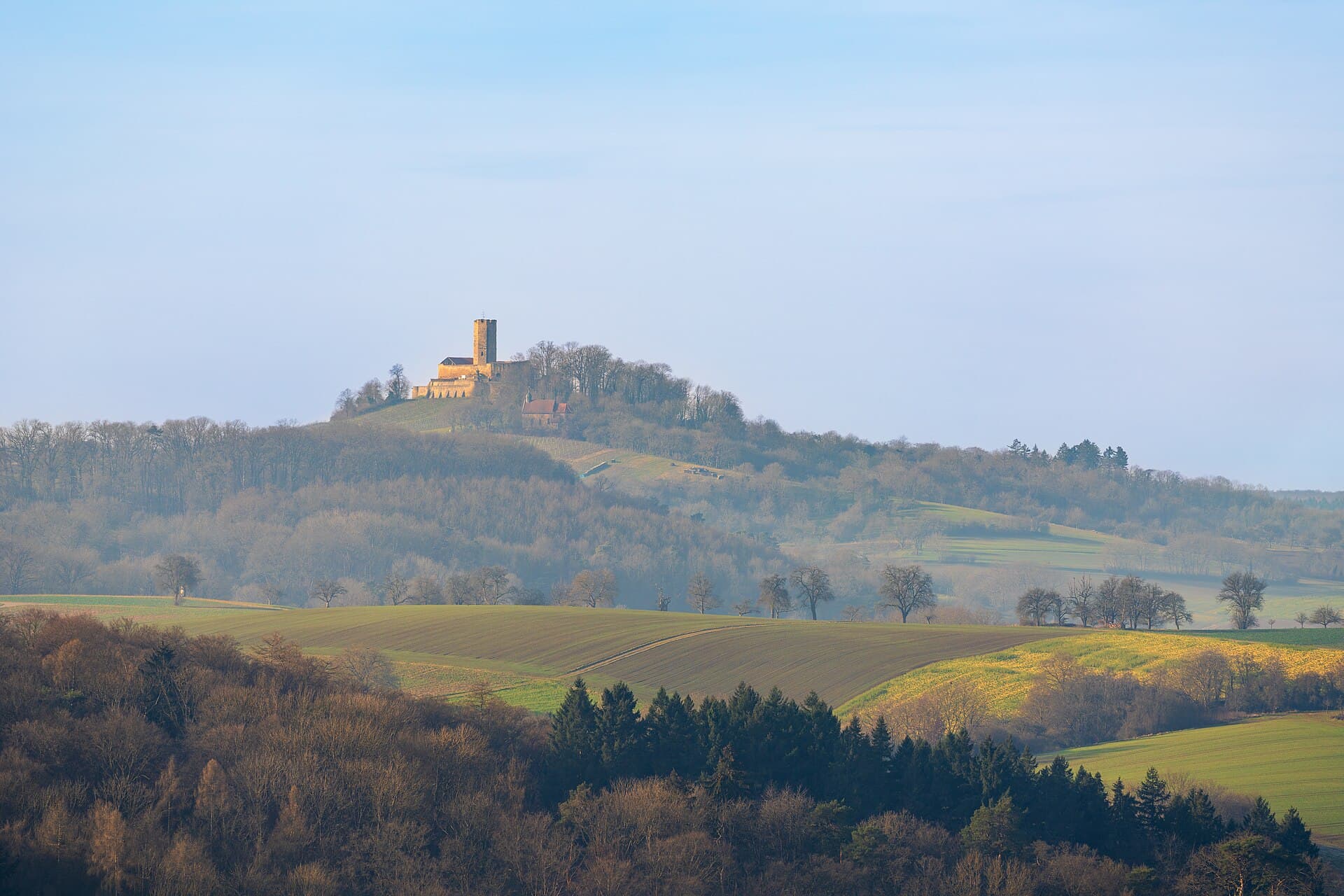 Der Steinsberg mit der Burg Steinsberg bei Sinsheim-Weiler über Feldern und Waldrändern, gesehen vom Hammberg bei Ittlingen