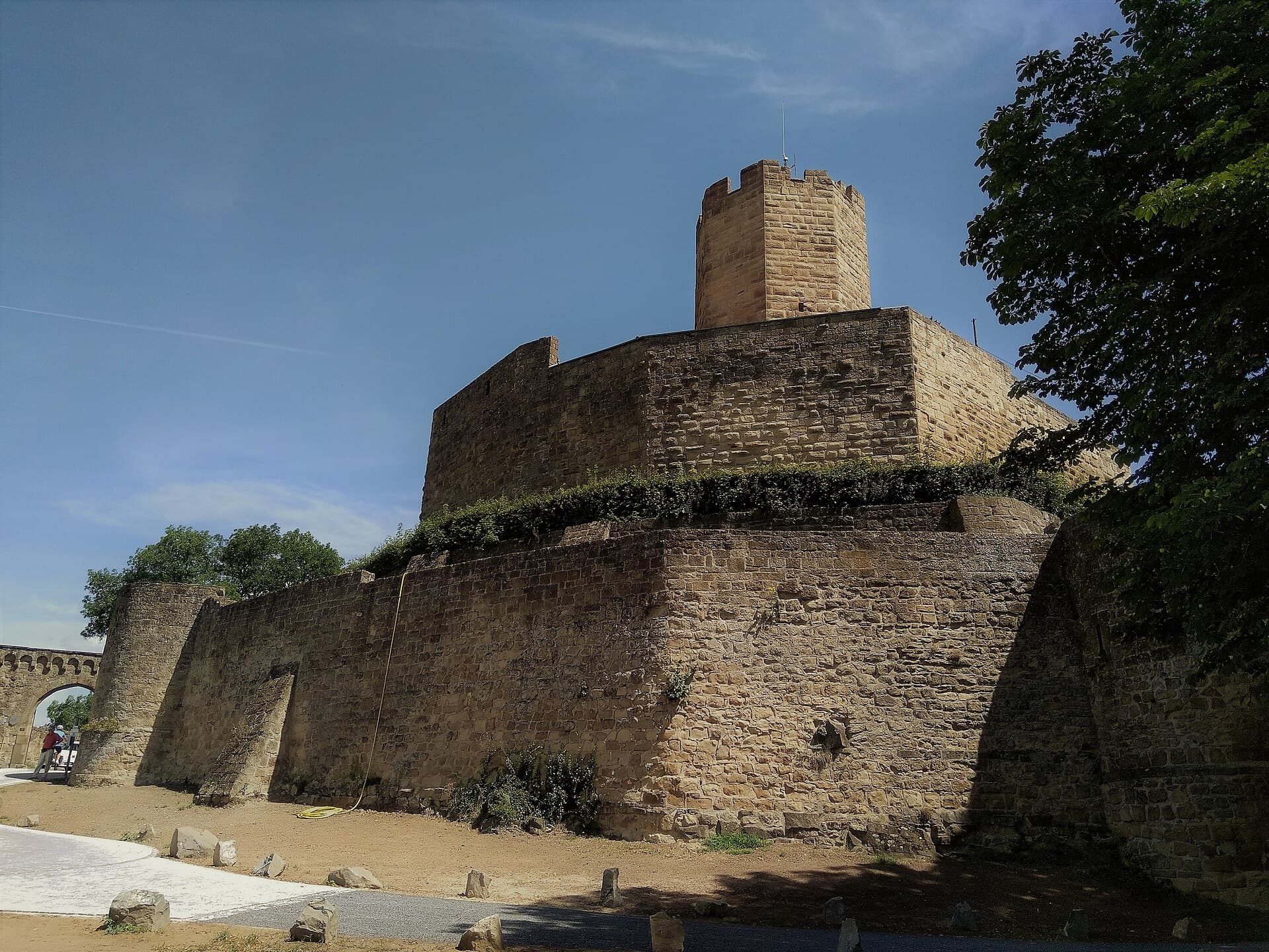 Die Burg Steinsberg von Westen: vorn die Zwingermauer mit Rundturm und Torbogen, dahinter die Mantelmauer der Kernburg und der achteckige Bergfried