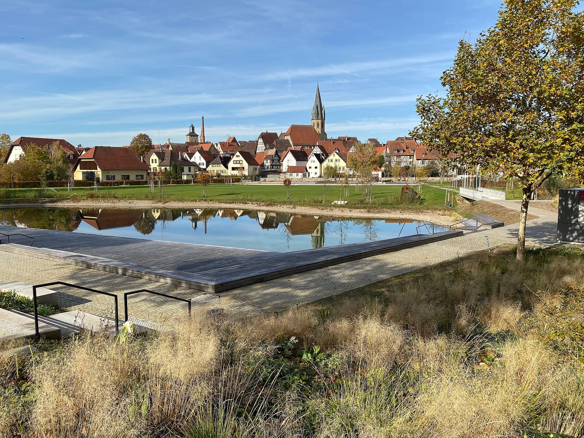 Der Stadtweiher im Weiherpark Eppingen mit der hölzernen Weiherterrasse im Vordergrund, dahinter eine Wiese und die Altstadt mit dem spitzen Turm der katholischen Stadtkirche.